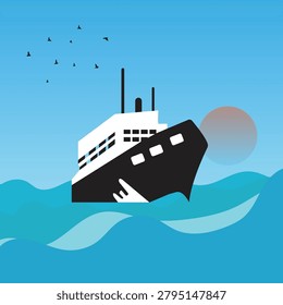 Illustration of a large passenger ship capsizing in rough sea during twilight with birds above.