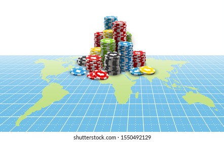 Illustration A Large Pile Of Colored Casino Chips On A World Map. Realistic Big Win Jackpot Poker In Online Web Casino On A World Map Perspective