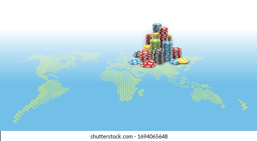 illustration a large pile of colored casino chips on a world map. Realistic Big win jackpot poker in Online web casino on a world map perspective