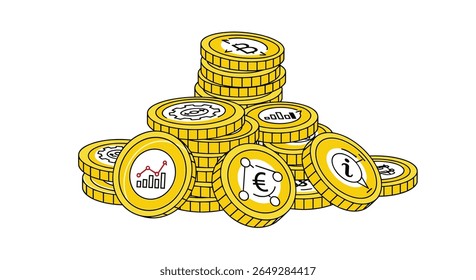 Illustration of a large pile of gold coins representing wealth and financial success in a simplified artistic style
