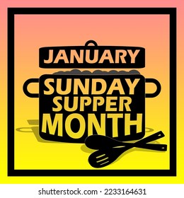 Illustration of a large pot of food with bold text and large spoons in a frame on a gradient background to celebrate Sunday Supper Month on January