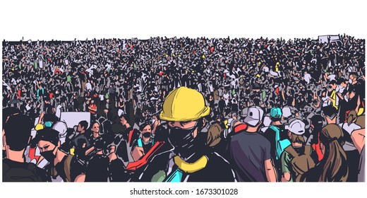 Illustration of large protesting crowd