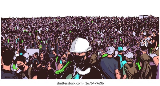 Illustration of large protesting crowd