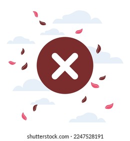 Illustration: Large red crossmark with leaves and clouds. Flat and minimalist design for a simple and impactful visual representation.