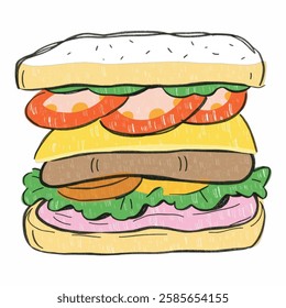 Illustration of a Large Sandwich with Layers, Ideal for Food, Café, and Menu Designs A delicious big sandwich stacked with fresh ingredients, making it perfect for restaurant menus and food advertisem