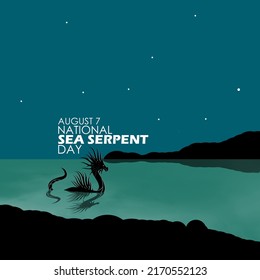 Illustration of a large sea snake appearing in the sea at night which is Mythically known as a sea serpent with bold text to commemorate National Sea Serpent Day on August 7