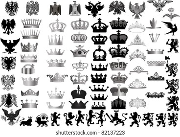 illustration with large set of crowns and heraldic animals