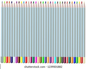 Illustration of a large set of watercolor pencils made of wood for drawing on a white background. A set of pencils of different colors for children's creativity. Watercolor pencils for children.