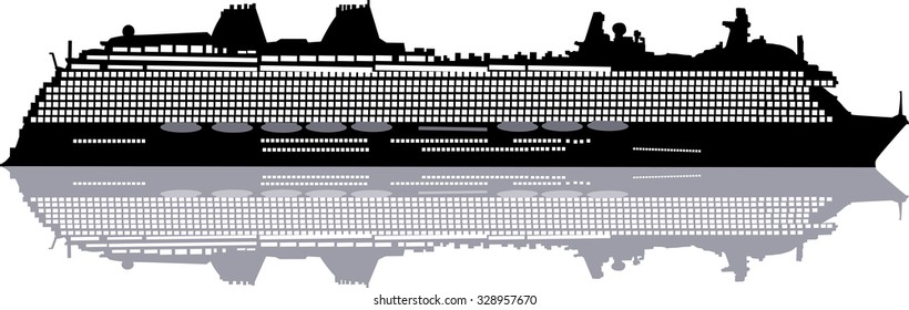 illustration with large ship silhouette and reflection isolated on white background