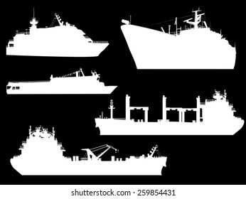 illustration with large ship silhouettes isolated on black background
