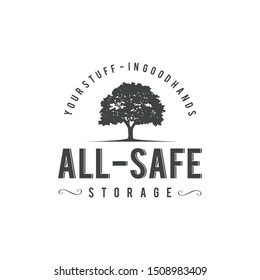 Illustration of a large silhouette old oak tree abstract with thick leaves logo design vintage