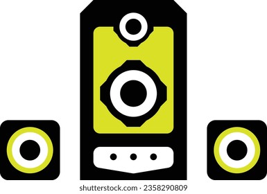 Ilustración de altavoces activos grandes y pequeños con colores negro, blanco y amarillo