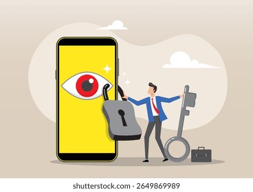 An illustration of a large smartphone with a bright yellow screen displays a prominent red eye, symbolizing surveillance or potential vulnerability