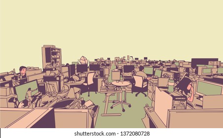 Illustration of large studio office, creative work place with people workers in perspective