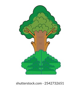 Illustration of a large tree with green grass growing very thickly resembling a mountain below it. Design element with a nature theme
