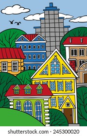 illustration of a large vibrant city with houses on top of each other