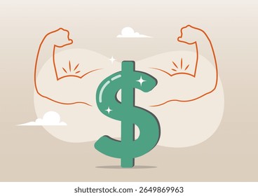 Uma ilustração de um grande e vibrante sinal de dólar verde em seu centro. Os braços musculares flexionantes estão posicionados em cada lado do símbolo de dólar. Relacionada com uma economia forte e o conceito de moeda