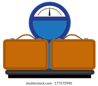Illustration of large weights and two suitcases on a white background
