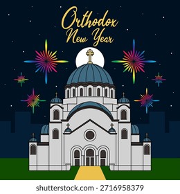 Ilustración de una Grande iglesia ortodoxa oriental blanca con muchas cúpulas azules decoradas con cruces de oro para celebrar el Año Nuevo Ortodoxo el 14 de enero