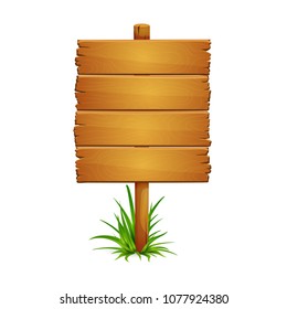 Illustration of large wooden plank signpost with bunch of grass isolated on white background. Signboard is made of four planks.
