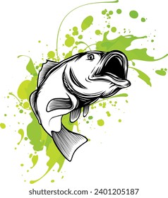 Illustration of a largemouth bass fish jumping done in cartoon on isolated white background.