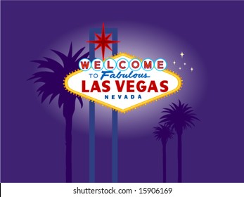 Illustration of the Las Vegas Welcome Sign at Night with Palm Trees in the Background. Palm Trees on a separate layer for easy removal.