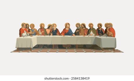 Illustration of the Last Supper, depicting Jesus and his disciples seated at a long table. Religious scene with historical and cultural significance. Vintage art illustration, vector.