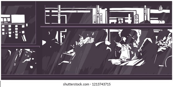 Illustration of late night bus public transport with passengers commuters