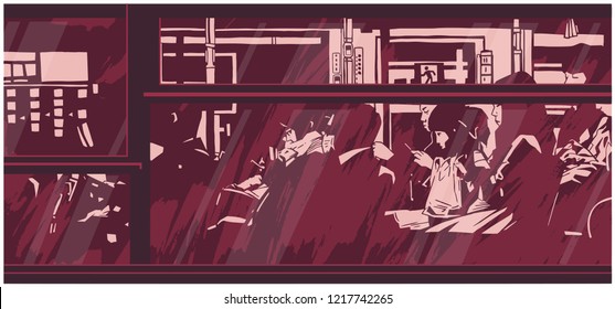 Illustration of late night bus public transport with passengers commuters
