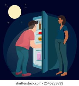 Illustration of a late night snack in the kitchen in the dark, an open refrigerator and a woman waiting with an evil face.