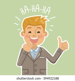 Illustration of a laughing businessman. Cheerful businessman laughing at a funny joke and showing thumb up gesture. Emoticon, emoji, positive emotion. Flat style vector illustration