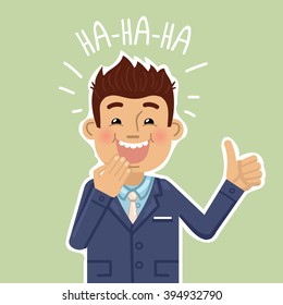 Illustration of a laughing businessman. Cheerful businessman laughing at a funny joke and showing thumb up gesture. Emoticon, emoji, positive emotion. Flat style vector illustration