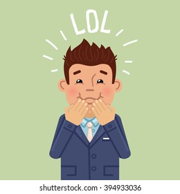 Illustration of a laughing businessman. Cheerful businessman laughing at a funny joke. Emoticon, emoji, red face, positive emotion. Flat style vector illustration