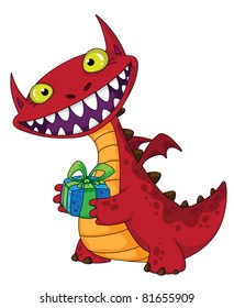 illustration of a laughing dragon and gift