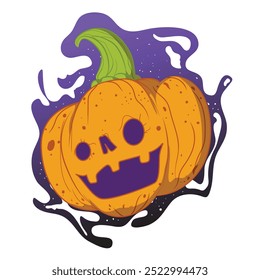 illustration of laughing halloween pumpkin with purple smoke effect behind it. with white background