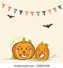 Illustration of laughing pumpkins in horrible way with flying bats and stylish textin small flags.