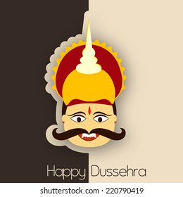 Illustration of  laughing  Ravana Face wearing with big moustache and stylish text on double shaded background.