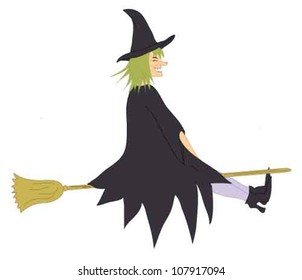 illustration of a laughing witch on a broomstick