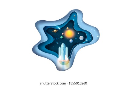illustration of launch rocket Startup fast concept for Solar system abstract curve circle.business Startup project concept.Creative design Paper cut and craft idea rocket flying in space galaxy.vector