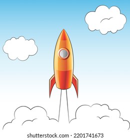 Illustration of a Launching Orange and Yellow Rocket Over a Cloudy Sky