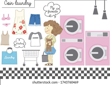 
Illustration of a laundromat and a girl
