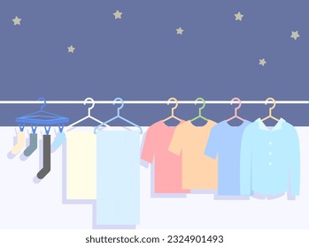 Illustration of laundry hanging out on the veranda at night