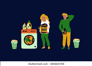 Illustration of a Laundry room. Cartoon concept of a Laundry service with a washing machine, two people and dirty clothes. A woman and a Man do Laundry. Flat vector illustration. Vector illustration