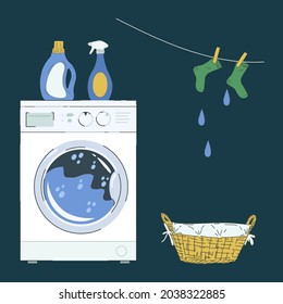 Illustration of a laundry room or service. Washing machine with detergents and a laundry basket. Vector image in the style of a flat laundry service. Vector illustration