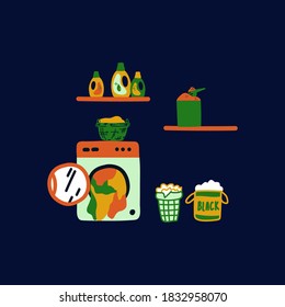 Illustration for a Laundry room with a washing machine and linen. The concept of the Laundry: washing machine, iron, cleaning supplies, Laundry basket. Cartoon flat vector image of a Laundry house