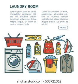 Illustration laundry room - washing machine, laundry basket, laundry detergent made in fashionable style vector lines. Laundry room - graphic for posters, banners, web sites.