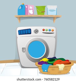 Illustration of a laundry room with washing machine and cleaning products on the shelf. Ideal for catalogs, information and institutional material