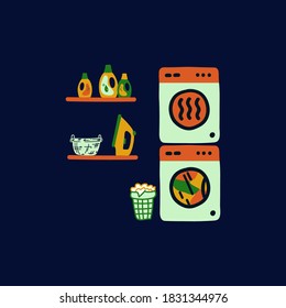 Illustration for a Laundry service. Laundry room: washing machine, iron, detergents. For Laundry Service beautiful Cartoon Flat Vector image. Vector illustration