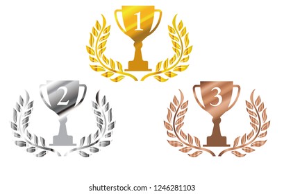 Illustration of laurel leaf design and gold, silver and copper trophies