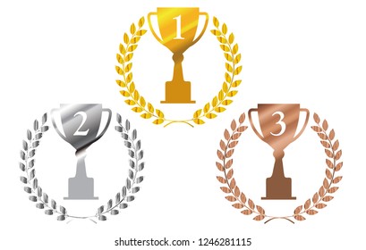 Illustration of laurel leaf design and gold, silver and copper trophies